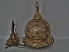 Antique Silver Inlaid Brass Islamic Mosque Lamp Turkish Ottoman Empire