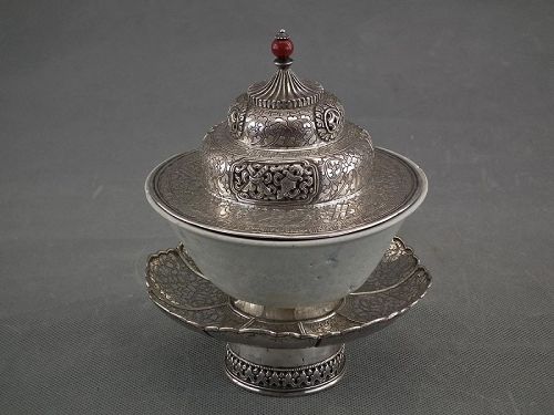 Antique Tibetan Buddhist Silver Cup Stand with Cover Dhakya Tibet