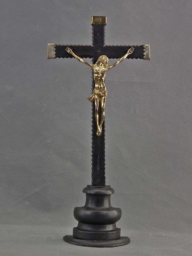 Antique 17th Century Baroque Crucifix Cross Gilt Bronze Corpus Christi