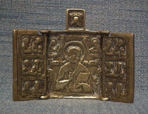 Antique Russian Brass Traveling Icon Triptych w/ St. Nicholas
