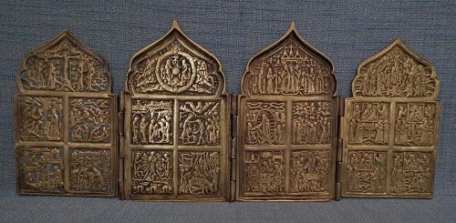 Antique Russian 18th-19th Century Brass Quadriptych Icon