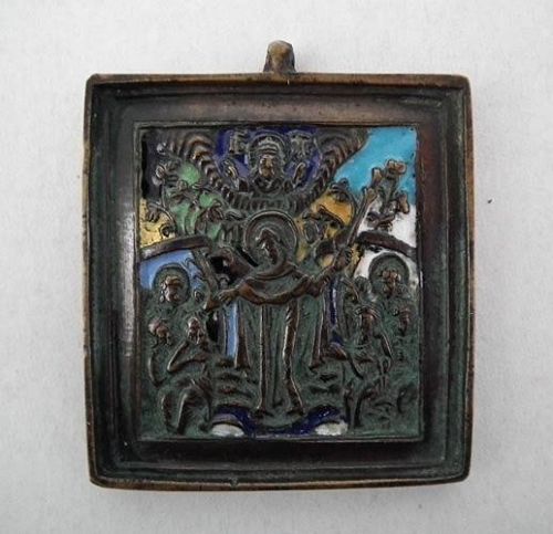 Antique Russian Brass & Enamel Icon Mother Of Good OF All Who Sorrow