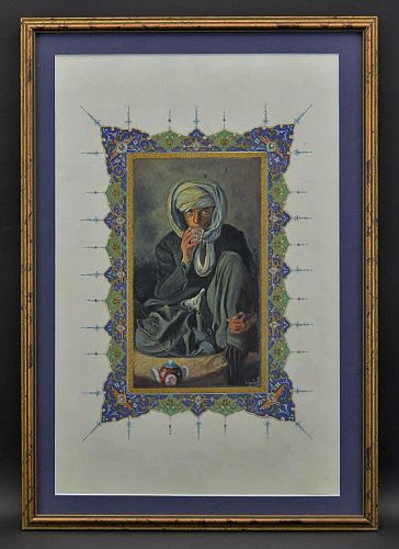 Islamic Indo Persian Turkish Miniature Painting Muslim Drinking Tea