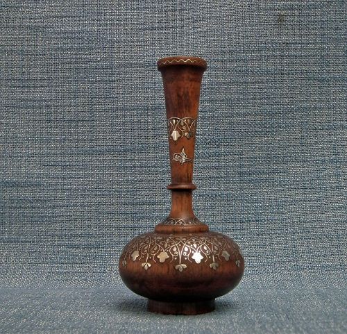 Antique Turkish Ottoman Islamic Silver Inlay Wooden Vase With Tughra