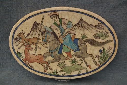 Antique Indo Persian Islamic Ceramic Tile With Hunting Scene