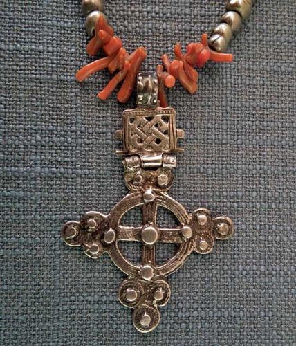 Antique African Ethiopian Coptic Cross Necklace Corals Silver Beads