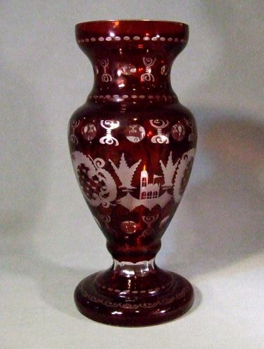 Antique Bohemian Engraved Ruby Glass Vase 19th Century