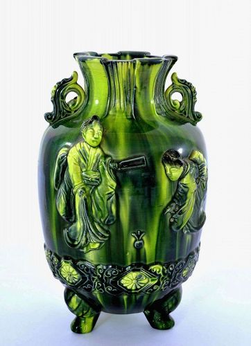 1930's Japanese Awaji pottery Green Glazed Vase Geisha Figure