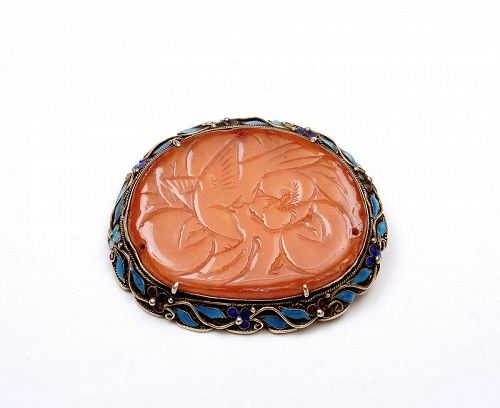18C Chinese Butterscotch Amber Carved Plaque Silver Enamel Brooch