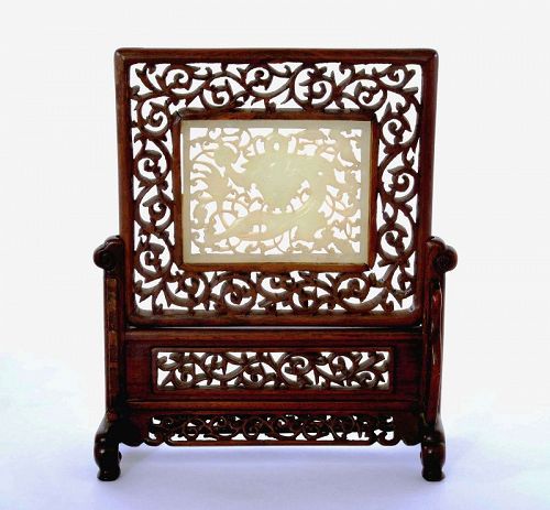 16C Chinese White Jade Carved Plaque Dragon Wood Frame Table Screen