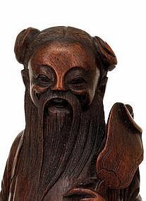 19C Chinese Bamboo Carved 8 Immortal Man Carry Fan