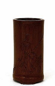 18C Chinese Bamboo Carved Brush Holder Lady & Stag