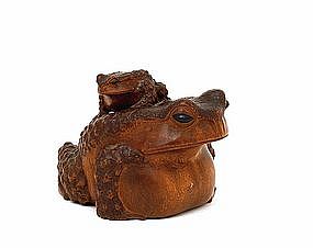 Old Japanese Wood Carved 2 Toad Frog Okimono Sg