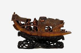 19C Chinese Bamboo Boat Ship w Figurine & Wave Stand