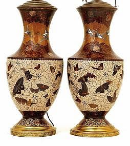 2 Lg Meiji Japanese Cloisonne Lamp Vase Butterfly Crane