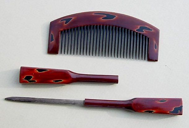 Japanese Antique Kanzashi Lacquer Hair Comb and Pin