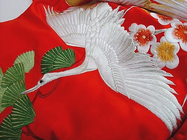 Japanese Wedding Kimono Gown, Cranes in Red Satin