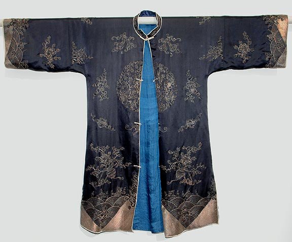 Old Chinese Dark Blue Silk Gown with Silver Threads