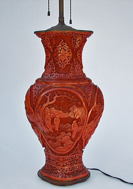 Large Antique Chinese Cinnabar Lamp - Fine Quality