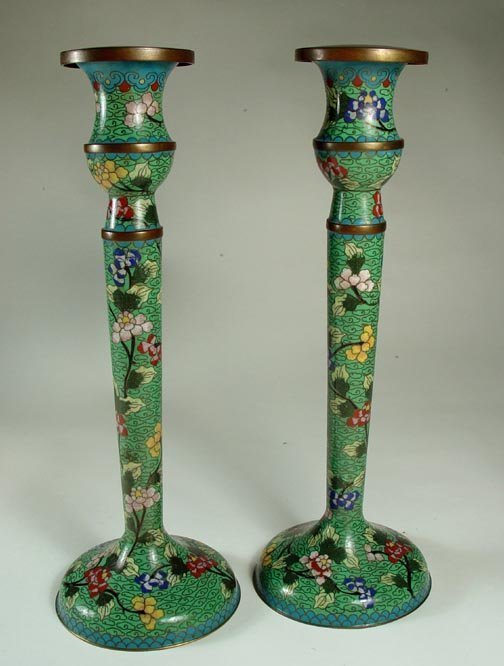 Antique Chinese Cloisonne Candlesticks, a pair