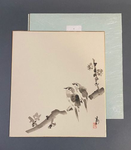 Painting on Shikishi by Tokuriki Tomikichiro 徳力富吉郎 Plum and Hototogisu