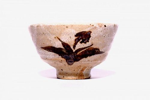 Tobe-ware Ido-gata Tea Bowl with Painted Orchid by Sakai Yoshito