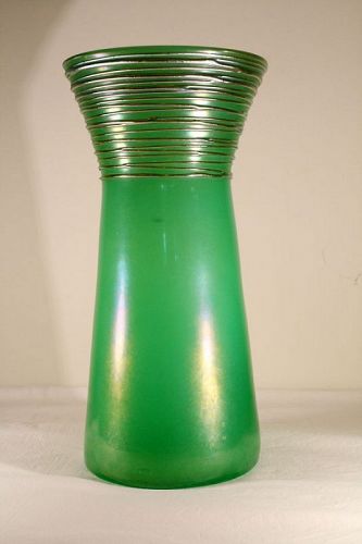 Steuben Iridized Green Jade Vase with Aurene Threading