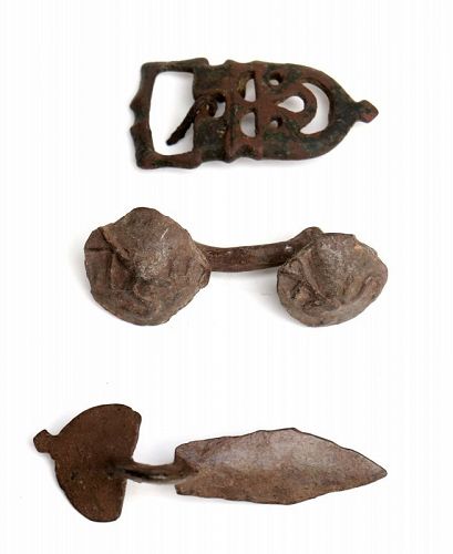 Nice set of three bronzes - fibula, clasp and a beltstrap