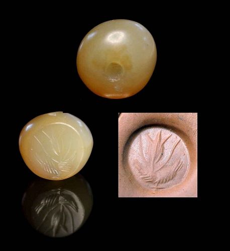 High quality large Sasanian agate stone seal engraved w flower