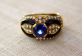 Genuine Ceylon Blue Sapphire-Diamond-Onyx 18K. Ring
