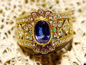 Genuine Blue Sapphire-Diamond 18K. Gold Filigree Ring