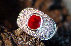 Solid 18K. White Gold Ring with Ruby & Pave Diamonds