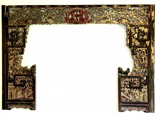 A GENUINE QING DYNASTY CARVED WOODEN CHINESE WEDDING BED HEADBOARD