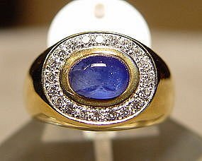Cabochon Blue Sapphire/Diamond Ring 18K.