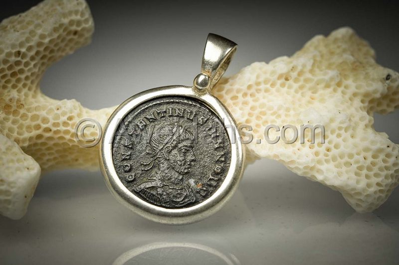 Ancient coin jewelry pendant of Constantine II, 300 AD