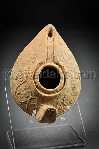 Ancient Islamic decorated pottery oil lamp, 800 AD