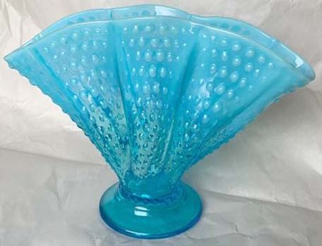 Fenton Blue Opalescent 8" Hob Nail Fan Vase