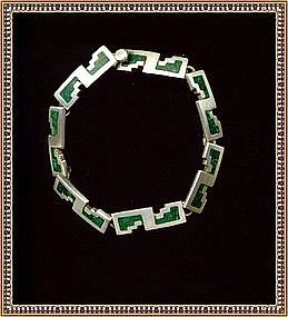 Mexican Sterling Silver Bracelet Green Inlay Mosaic TM