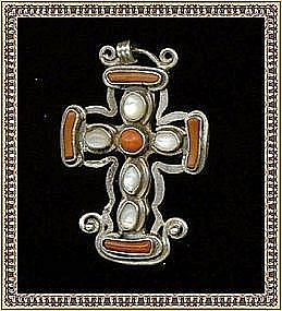 Signed MAT'L Mexican Sterling Silver Cross Coral MOP