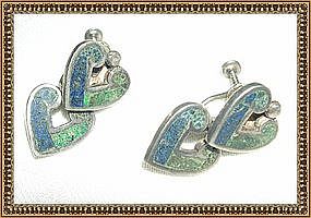 Vintage Mexican Sterling Double Heart Inlay Earrings