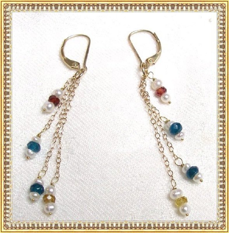 14K Gold Fancy Sapphires Apatite Pearl Earrings by