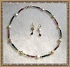18K Gold Tourmaline Necklace Earrings Coin Pearl Duo