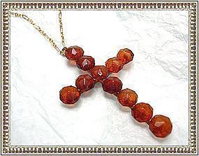 Victorian Carved Honey Amber Cross Necklace Gold Gilt
