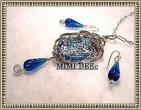 Signed MIMI DEE Sterling Etched Glass Necklace Set Box