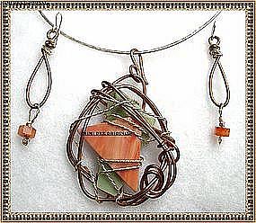 Signed Hammered Copper Sterling Slag Glass Necklace Set