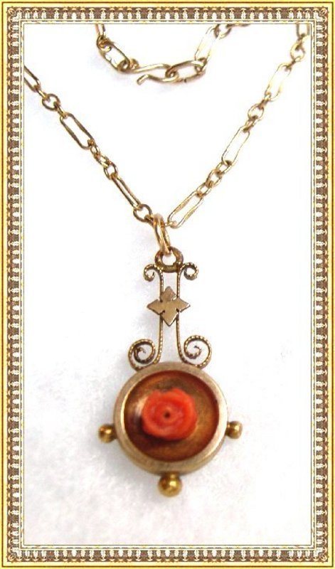 Victorian Gold Lavalier Carved Coral Rose Banjo Pendant Necklace