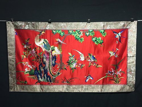 Antique Chinese embroidered silk wedding wall hanging - Phoenixes