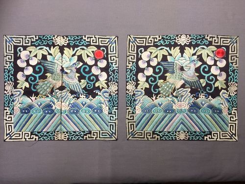 Antique Chinese embroidered silk rank badges - 3rd rank, Peacock