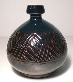 Temmoku Carved Grasses Bottle/Vase