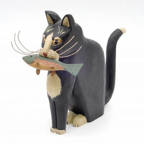 Folk Art Wood Carving of Cat with Fish, by G&G Hosfeld